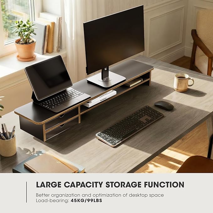 Fenge Monitor Stand, Dual Monitor Riser, 42.5inch Large Desk Computer Monitor Stand Riser with Drawer, 2 Tier Wood & Acrylic Desktop Organizer with Cable Management