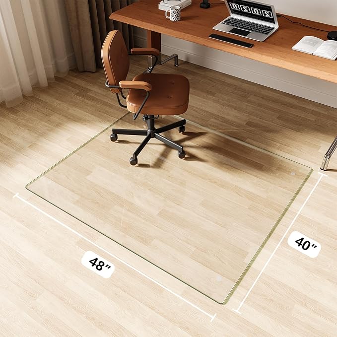FlyEcho Glass Chair Mat 40" x 48" Heavy Duty Tempered Glass Office Chair Mat, Glass Floor Mat with Round Corner and Polished Edge for Smooth Glide, Carpet Hardwood Floor Protector