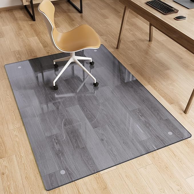 FlyEcho Glass Chair Mat 36" x 55" Heavy Duty Tempered Glass Office Chair Mat, Glass Floor Mat with Round Corner and Polished Edge for Smooth Glide, Carpet Hardwood Floor Protector,Grey