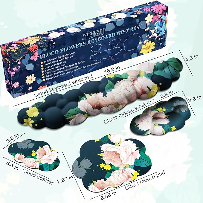 JIKIOU Cloud Wrist Rest Keyboard, Cloud Keyboard Wrist Pad Set with Comfortable Cloth, Cute Arm Rest for Palm Support, PC/Gaming Desk Accessories/Office Setup/Computer Hand Cushion Peony