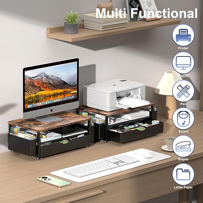 Spacrea Desk Organizer and Accessories, Computer Monitor Stand Riser with Drawer and 2 Pen Holders, Office Desk Accessories & Workspace Organizers for Office Supplies (Wood)