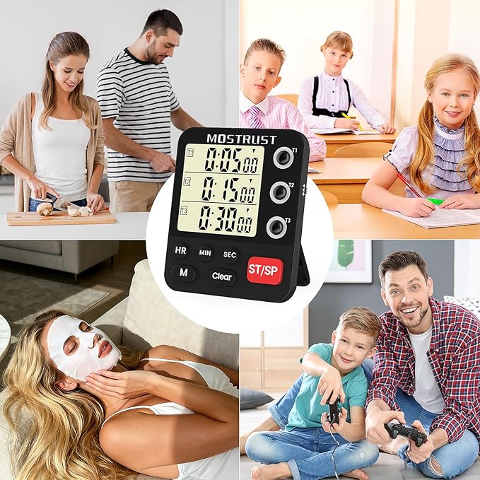 Digital Dual Kitchen Timer, 3 Channels Triple Countdown Timer for Cooking, Magnetic Memory-Preset Large Display Adjustable Volume, Multi Time Management, 3A Battery Included, Black