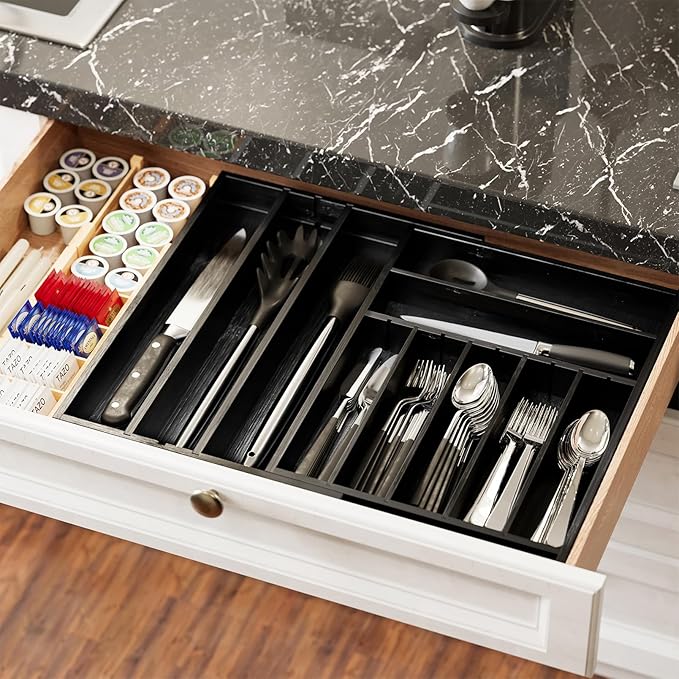 SpaceAid 2.5" High Bamboo Silverware Drawer Organizer with Labels, Kitchen Utensil Expandable Tray Holder for Flatware, Cutlery, Spoon and Knives Drawer Storage Organization (Black)