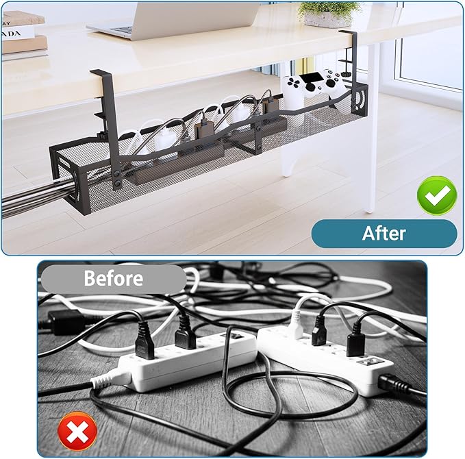 No Drill Under Desk Cable Management Tray, SONATURE 25.3" Cord Organizer for Table, Clamp Mount Desk Cable Management, Premium Carbon Steel Cable Organizer for Office, Home (Black)