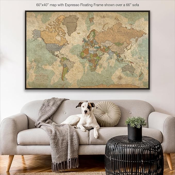 HolyCowCanvas Personalized Push Pin World Map on Canvas in Vintage Earth Tones, Customize with Your Names and Quote to Track Travels, World Map Pin Board, Travel Tracker (60x40, Floating Frame)