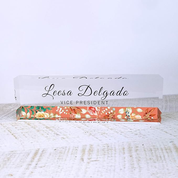 Artblox Office Desk Name Plate Personalized | Custom Name Plates for Desks | Flower Stripe Design On Clear Acrylic Glass | Office Desk Decor - (8" x 2.5")