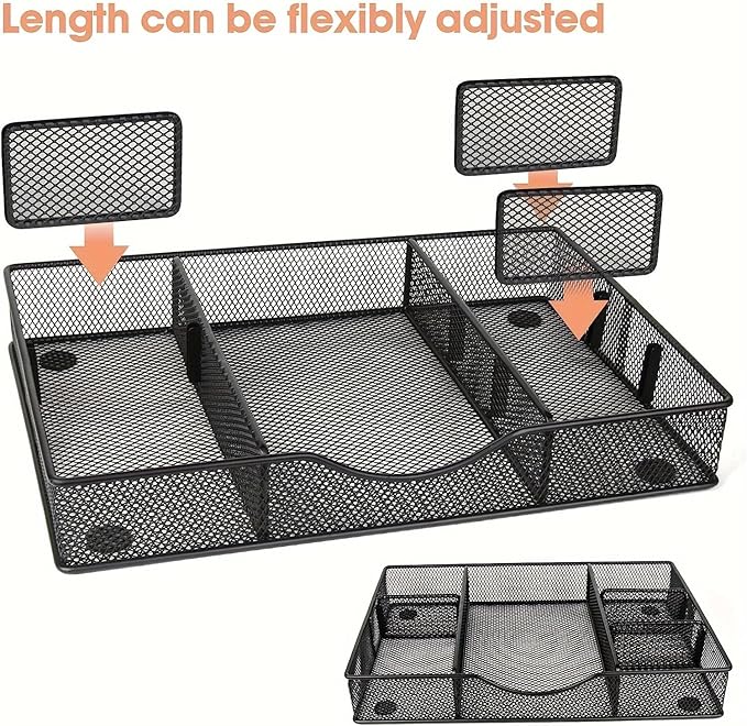 Desk Drawer Organizer Tray, Metal Mesh Drawer Organizers Office, 6 Adjustable Compartment, Desk Organizer Tray for Home Office 12.87L x 8.73D x 1.96H inch, Black, 1PC Medium