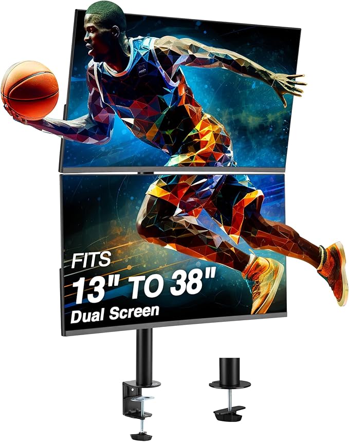 AVLT 38" Vertical Ultrawide Monitor Mount Stand Two Stacked 26.5 lbs Screens on Heavy-Duty Pole Save Workspace with Fine-Tune Height Tilt Swivel Rotate Adjustment C-clamp and Grommet Mounting Base