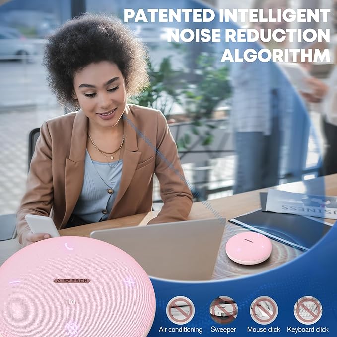 AISPEECH M4 Bluetooth Speakerphone Conference Speaker and Microphone with AI Noise Reduction GPT Transcription Speakers for Computer Desktop 360° Voice Pickup at Home Office for Teams/Zoom, Pink