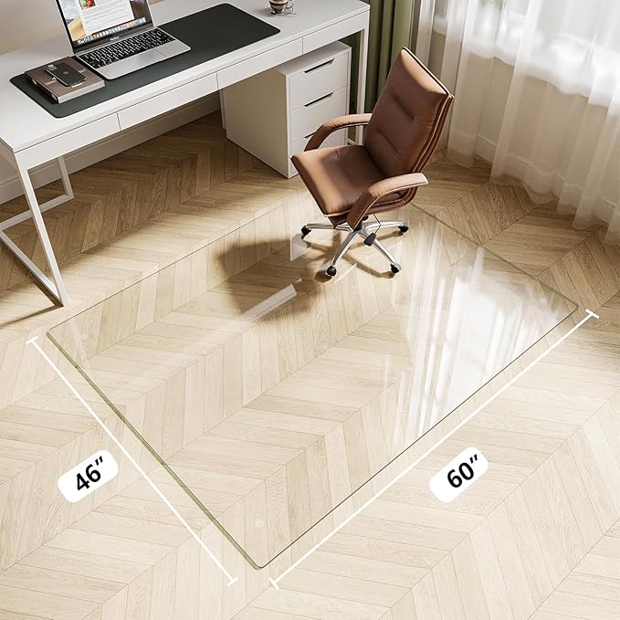 FlyEcho Glass Chair Mat 46" x 60" Heavy Duty Tempered Glass Office Chair Mat, Glass Floor Mat with Round Corner and Polished Edge for Smooth Glide, Carpet Hardwood Floor Protector