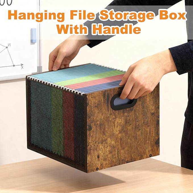 Piskyet Wooden Hanging File Organizer for desk, Metal Mesh File Folder Organizer Crate Cabinet Storage Box with Handle for Home Office Desk,Letter - Size,Rustic Brown