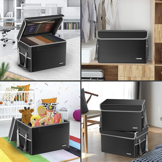 DocSafe File Box Fireproof File Storage Organizer with Lid,Collapsible Document Storage Filing Case for Hanging Letter/Legal Folders,Portable Home Office Safe Cabinet with Handle,Black,2 Pack