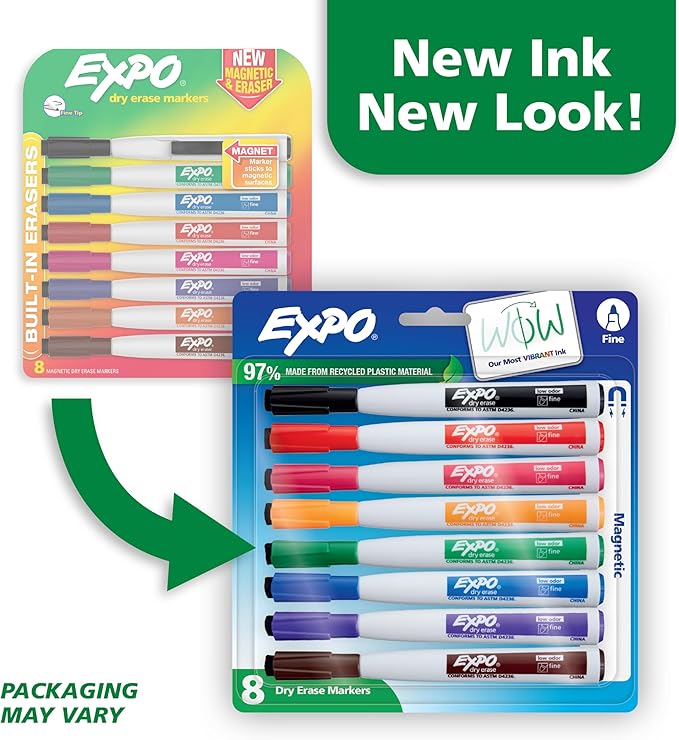 Expo Magnetic Dry Erase Markers with Eraser, Fine Tip, Assorted, 8 Count