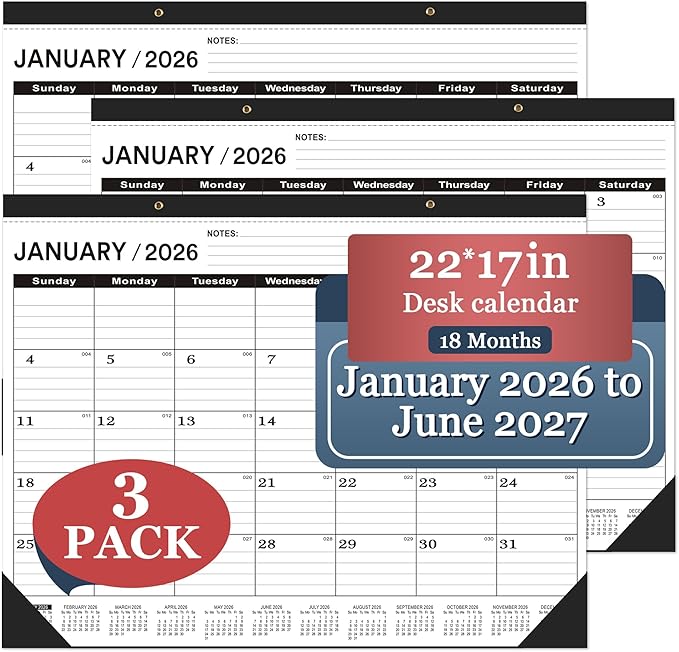 Desk Calendar 2026 Large 22 x17, Desk Calendar 2026-3 PACK-January 2026 to June 2027,2026 Calendar,Classic Black,Large Calendar 2026-2027 with Plastic Cover.