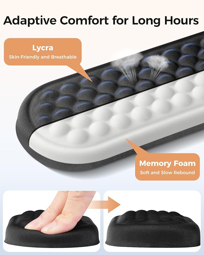 Wrist Rest Set for Keyboard and Mouse, Ergonomic Wrist Support with Soft Memory Foam, Silky Lycra Cover, Non-Slip Base, Helps Reduce Wrist Pressure and Fatigue During Long Typing and Gaming Sessions