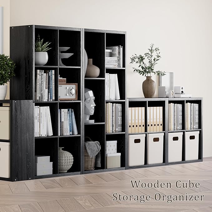 Cube Storage Organizer Bookcase, Decorative 11 inch Open Back Cubical Shelf with Thickened Border, Display Bookshelf for Living Room, Home Office, Sturdy Room (Black, 7 Cube)