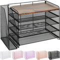 OPNICE 5-Tier Paper Organizer with Magazine Holder, Desk Organizers and Accessories, Office Desk Accessories & Workspace Organizers, Desktop File Organizer for Office Supplies Storage, Brown