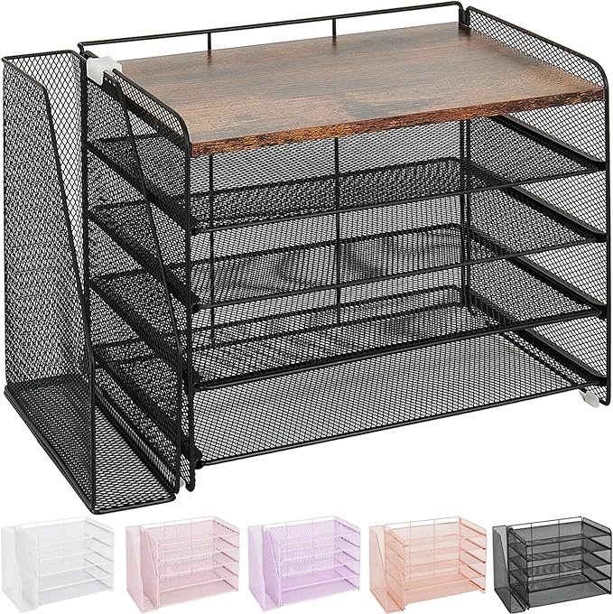 OPNICE 5-Tier Paper Organizer with Magazine Holder, Desk Organizers and Accessories, Office Desk Accessories & Workspace Organizers, Desktop File Organizer for Office Supplies Storage, Brown