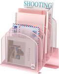 Inclined Desk File Organizer, 5-Section Vertical File Folder Holder Stand Metal Rack File Sorter for Office Classroom Desktop Organization (Pink, 1Pack)