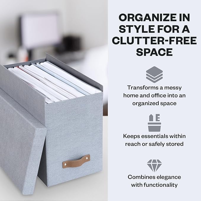 Bigso John File Box - File Storage Box and File Organizer for Important Paperwork - Durable Hanging File Box with Lid and Leather Handle - 7.36 in x 13.26 in x 10.51 in - Ash