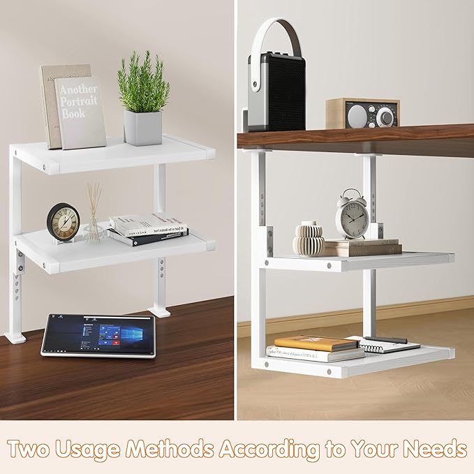 IBUYKE Clamp on Desk Organizer Shelf,12.9 inches Desk Extender Shelves, Above or Below Desk 2-Tier Adjustable Storage Shelves for Desktop Accessories,White,TMZ007W