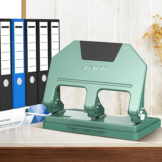 AFMAT 3 Hole Punch, 9/32" Holes, 40-Sheet 3 Hole Puncher for Binder, 50% Reduced Effort, Metal Heavy Duty Three Hole Punch w/ 10,000+ Uses, Bulit-in S.S. Paper Guide, Large Chip Tray, Green, HPX3