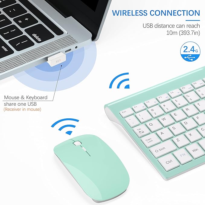 Wireless Keyboard and Mouse Ultra Slim Combo, TopMate 2.4G Silent Compact USB 2400DPI Mouse and Scissor Switch Keyboard Set with Cover, Batteries Included, for PC/Laptop/Windows/Mac - Mint Green