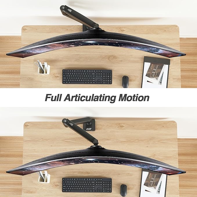 AVLT Single 17"-49" Super Ultrawide Monitor Arm for Screens Up to 50 lbs, Premium Aluminum Desk Stand, Adjustable Pneumatic Height, Full Motion Swivel Tilt Rotation, USB 3.0 & AUX Ports, Black