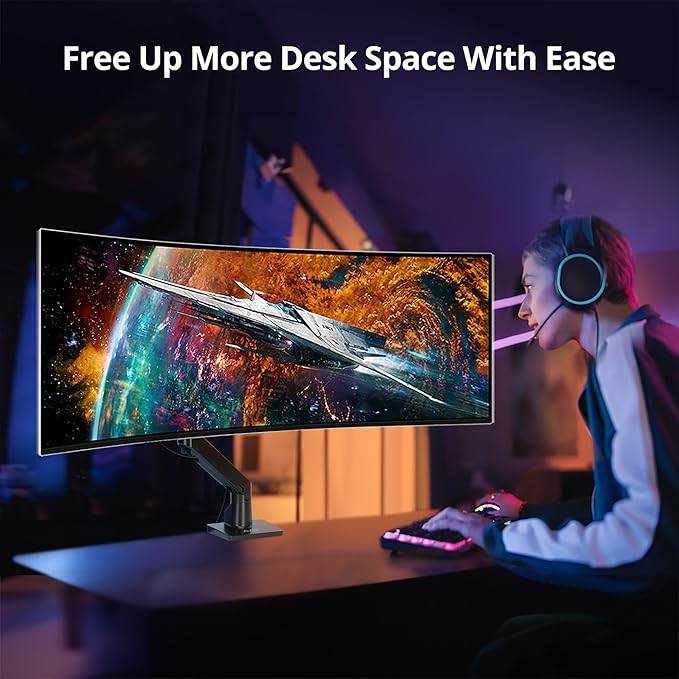 AVLT Single Monitor Arm Desk Mount for 34 to 57 in Screens – Fits One 44 lb Heavy Duty Monitor – Full Motion Height, Swivel, Tilt, Rotation – VESA 200x200, 200x100, 100x100, 75x75 – Black