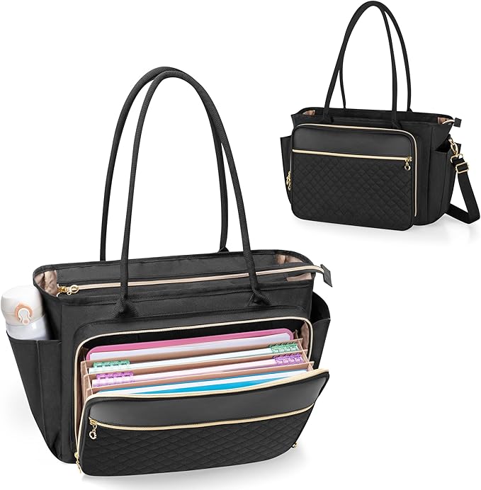 LUXJA Teacher Tote Bag with Accordion File Pocket, Teacher Bag for Women with 15.6 Inch Laptop Compartment, Black