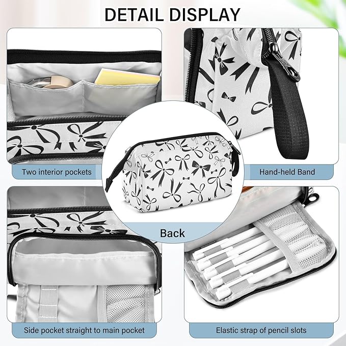 Bow Gray Pencil Case Pouch Big Capacity Pencil Bag Box Organizer Pen Case with Zipper Pencil Cases for Girls Boys Women School College Office