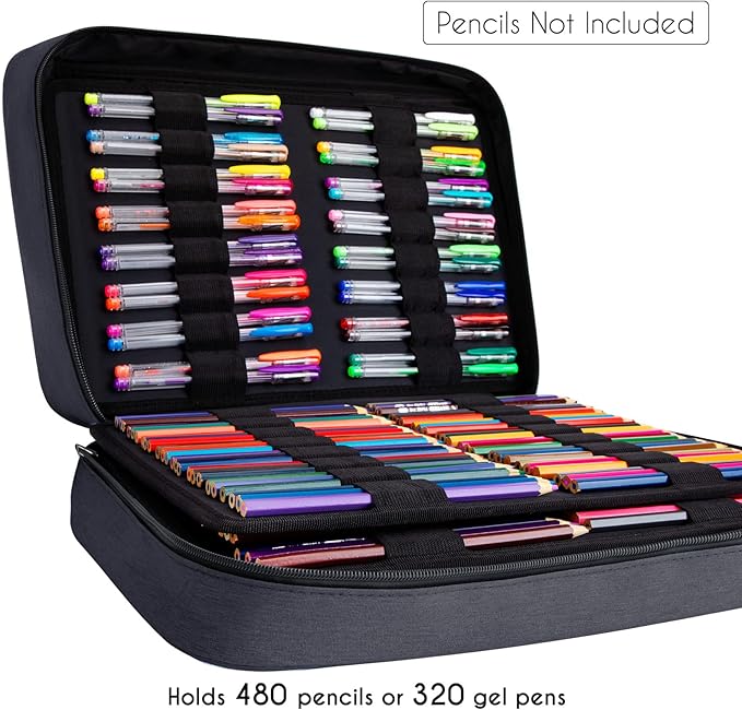 YOUSHARES Big Capacity Colored Pencil Case - 480 Slots large Pen Case Organizer with Multilayer Holder for Prismacolor Colored Pencils & Gel Pen (Black)