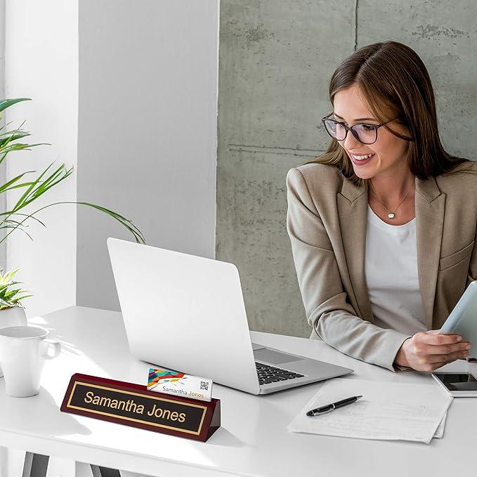 Providence Engraving Personalized Wood Desk Name Plate for Office, Custom Laser Engraving with Business Card Holder, Piano Finish Desk Wedge in Rosewood, 2x8
