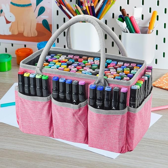 Marker Organizer Bag with Multiple Pockets, Marker Case for Art Storage Paint Markers, Paint Brushes, Coloring Books, Other Art Supplies, Pink