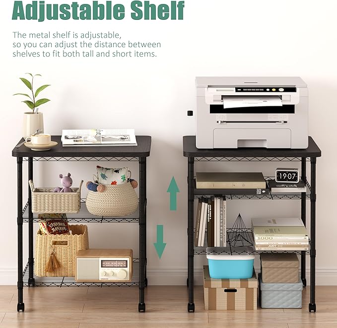 Printer Stand with Locking Wheels, Adjustable Heights 3 Tier Under Desk Table, Rolling Printer Cart Storage Paper Files Holder for Desk, Office, Home, Black