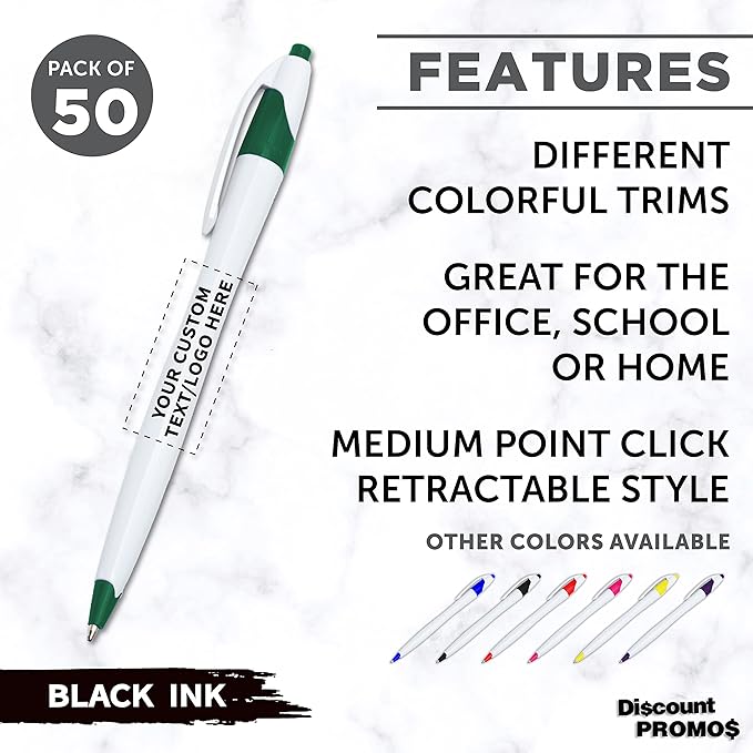 DISCOUNT PROMOS Custom Slim Curvy Ballpoint Pens Set of 50, Personalized Bulk Pack - Black Ink, Retractable, Great for Office, School, Tradeshows - Green