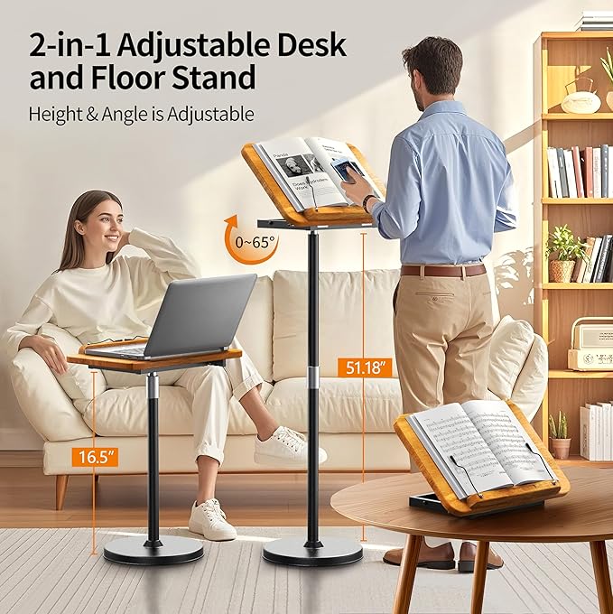 NAMON 2 in 1 Dual-use Music Stand & Desktop Book Stand, 100% Solid Wood, Height Adjustable from 16.5" to 51", Big Panel 16.5" * 11.8" with Page Paper Clip for Sheet Music (Dual Use Without T-Shape)