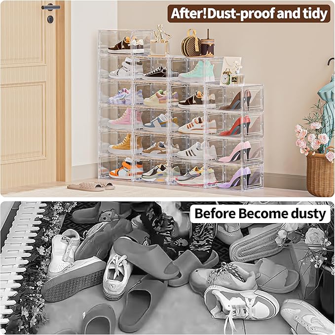 8 Pack XX Large Shoe Organizer, Heavy-Duty Hard Thicken Plastic Clear Stackable Shoe Storage Box Organizer for Closet, Space-Saving Shoe Rack Display Case Bin Containers for Sneakers, Clear