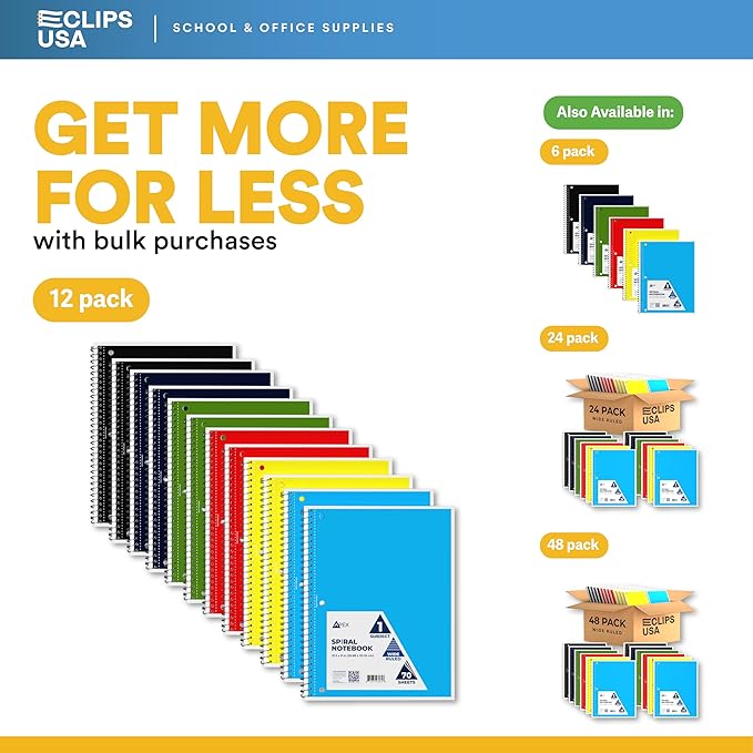E-CLIPS USA Spiral Notebook, Wide Ruled Notebooks (12 Pack), 70 Sheets, Single Subject, Notebooks Bulk, 6 Color Assortment, 3 Hole Perforated Sheets (12, Wide Ruled)
