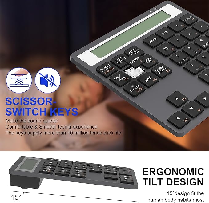 2 in 1 Bluetooth Number Pad with Display Calculator - Wireless Number Pad Portable 2.4G for Laptop/PC, 34 Key Quiet Numeric Keypad Compatible with Windows/Mac/iOS/Android/Linux - (Accounting/Office)