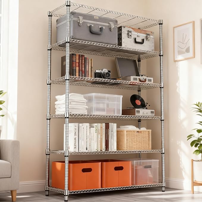 6 Tiers Shelf 2100 lbs Steel Storage Shelving Utility Shelving Unit Steel Organizer Wire Rack for Home,Kitchen,Office,Garage Chrome 17.7" D x 47.2" W x 82.4" H