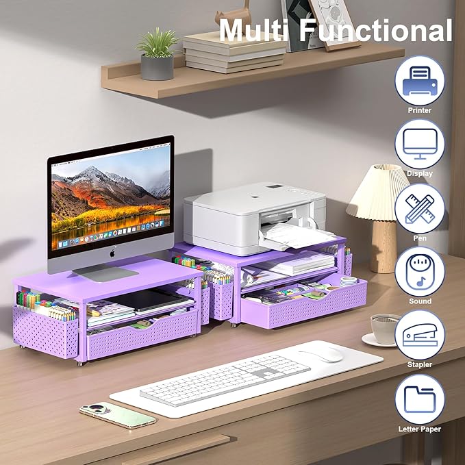 Spacrea Desk Organizer and Accessories, Computer Monitor Stand Riser with Drawer and 2 Pen Holders, Office Desk Accessories & Workspace Organizers for Office Supplies (Purple)