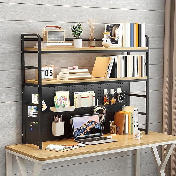 2-Tier Desktop Bookshelf Hutch - Metal Desk Shelf Bookcase with Desk Pegboard Countertop Storage Organizer Rack for Dorm or Office (B, 110cm/43in)