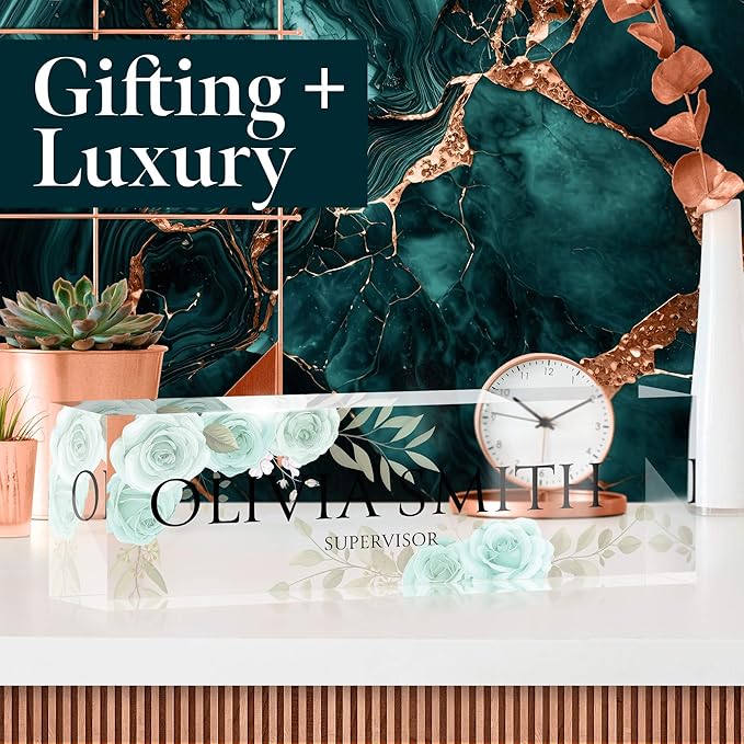 Desk Name Plate Personalized, Custom Name Plates 2½/x8 Inches, Thick Crystal-Clear Acrylic, Gift Box, Office Desk Decor. USA Made by ACRYLUXE (Roses)