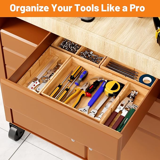 SpaceWhisper Bamboo Drawer Organizer, 5-Piece Drawer Divider with Removable Dividers for Organization and Storage, Multi-Use Stackable Storage Box & Utensil Holder for Kitchen, Office, Makeup & More