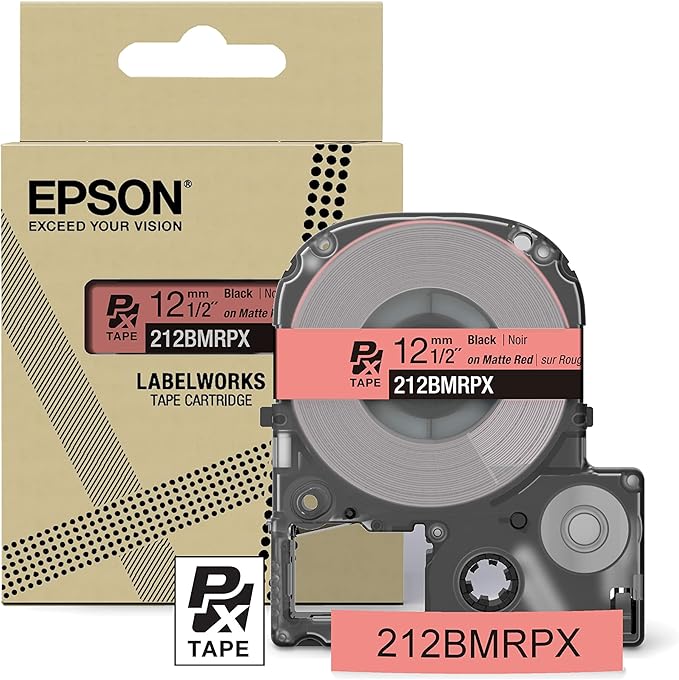 Epson LABELWORKS 212BMRPX Genuine PET (Polyester) Tape Cartridge - Black on Matte Red Designer Craft Label Maker Tape - 1/2" (12MM) Wide, 26'