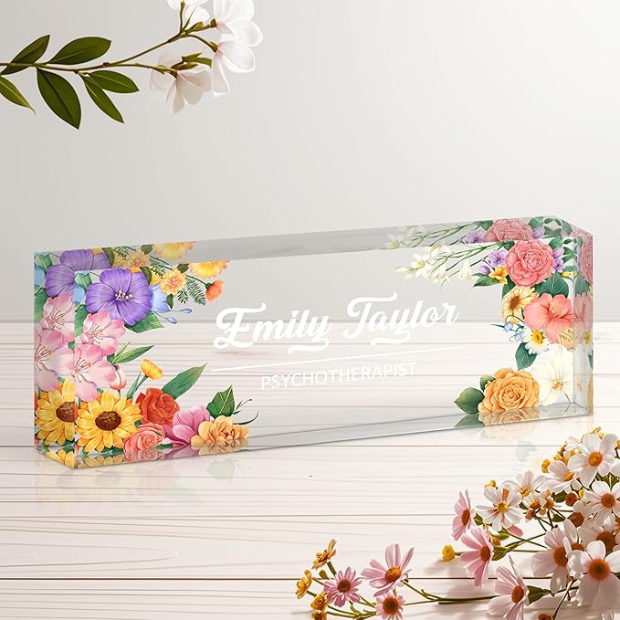 Personalized Name Plate for Desk, Custom Acrylic Desk Name Sign, Office Appreciation Gifts for Women Men Coworkers Boss Teacher Employee (Flower)