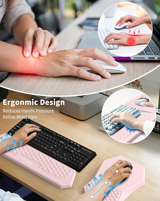 Ergonomic Mouse Pad and Keyboard Wrist Rest Support Set, Massage Design Mousepad for Carpal Tunnel Pain Relief, Memory Foam, Non-Slip PU Base for Computer Desk, Pink