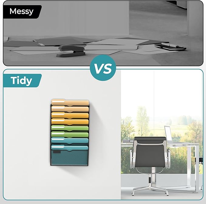 SUPEASY 8-Tier Wall File Organizer Mesh Office Mail Holder, Hanging Wall Organizer Magazine Rack for Office Black