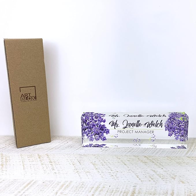 Artblox Personalized Name Plate for Desk | Lavender Design On Clear Acrylic Glass | Custom Desk Name Plate Personalized with Your Name and Credentials for Teacher Phd Military Office Name Plate